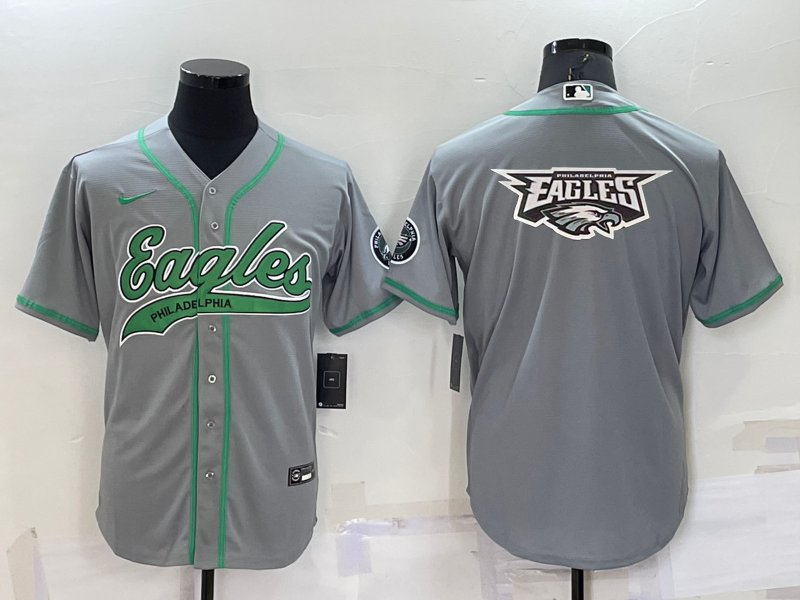 Men's Grey Philadelphia Eagles Team Big Logo With Patch Cool Base Stitched Baseball Jersey